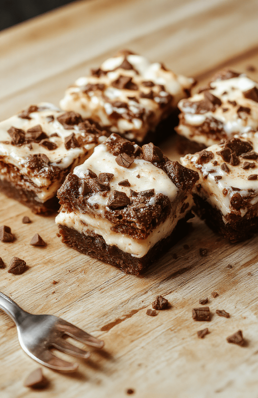 Ein Stück Himmlische Tiramisu Brownies liegt auf einer hellen Walnuss-Holzoberfläche. Darunter eine dunkle, fudgy Brownie-Basis, oben eine cremige Mascarpone-Tiramisu-Schicht, leicht staubt Kakao darüber. Nahaufnahme, warme natürliche Beleuchtung, sanfte Schärfentiefe.