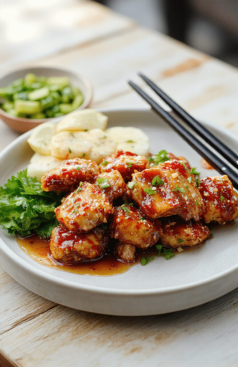 Nahaufnahme von goldbraun glänzendem Honig-Sesam-Hähnchen auf hellem Holzbrett, glasiert, mit Sesamsamen bestreut und Frühlingszwiebelringen garniert