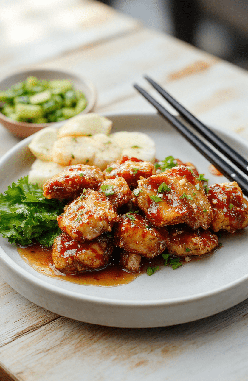 Nahaufnahme von goldbraun glänzendem Honig-Sesam-Hähnchen auf hellem Holzbrett, glasiert, mit Sesamsamen bestreut und Frühlingszwiebelringen garniert