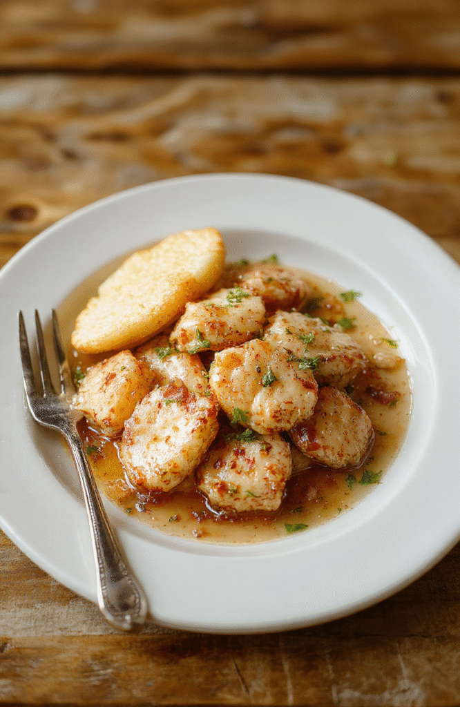 Nahaufnahme von goldbraun gebratenen Hüttenkäse-Talern auf einem hellen Teller, garniert mit Petersilie, knusprige Außenfläche, cremige Innenseite, schlichtes Setting.