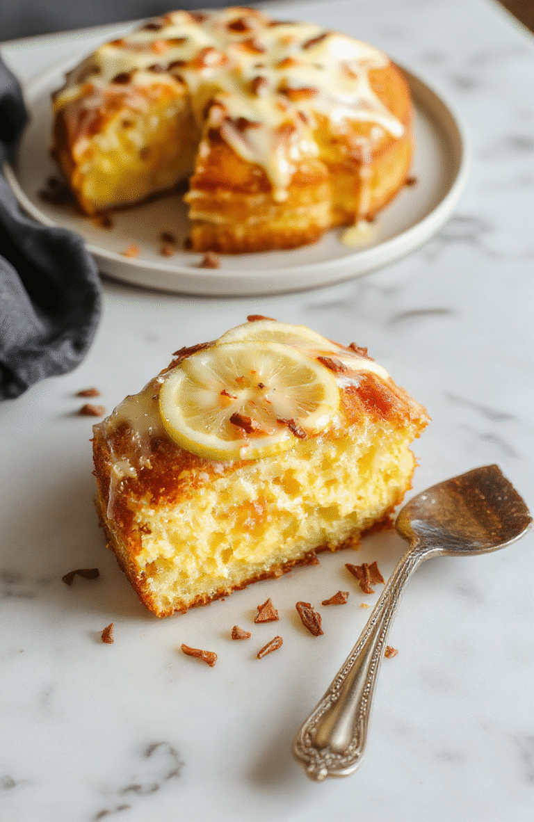 Ein Stück italienischer Zitronenkuchen mit heller Zitronencremefuellung, goldbraunen Rand, garnieren Zitronenzesten, serviert auf einem weißen Teller vor hellem Hintergrund, luftige Textur, frische Atmosphäre.