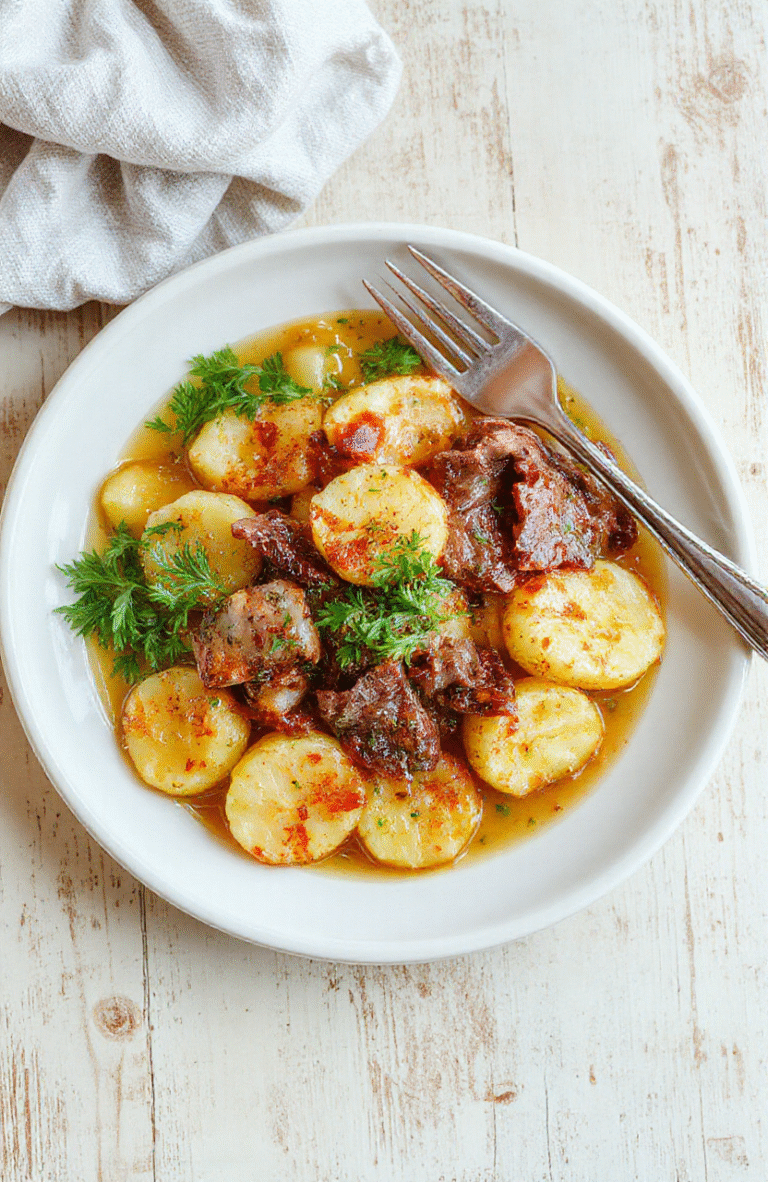 Bunte Kartoffelpfanne mit Hackfleisch in einer warmen Pfanne auf einem Holztisch, Petersilie, dampfend, knusprige Kartoffeln, saftiges Hackfleisch, rustikales Setting