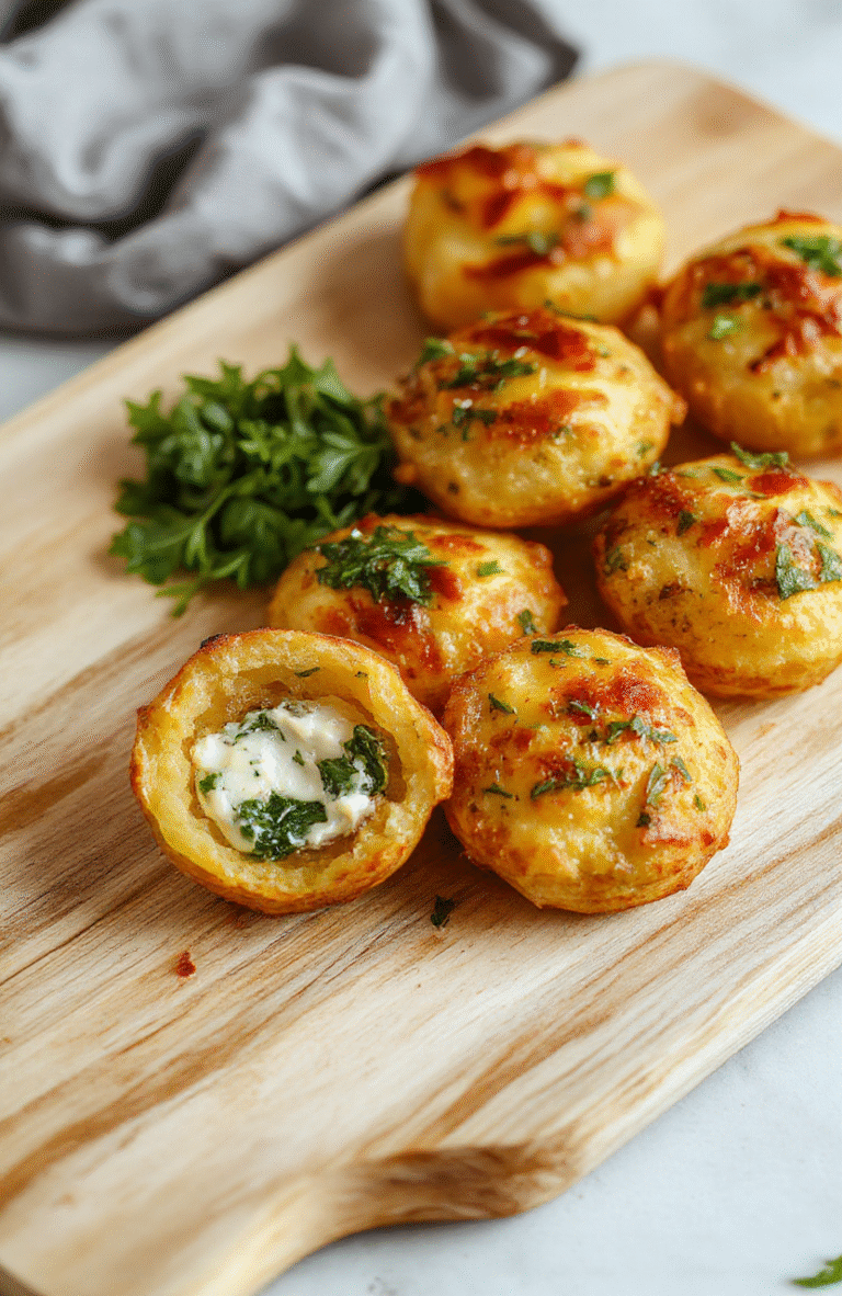 Kartoffeltaschen mit Spinat-Frischkäse, goldbraun gebacken, gefüllte Taschen zeigen grüne Spinatfüllung und cremigen Frischkäse, serviert auf hellem Holztisch, ruhige natürliche Beleuchtung