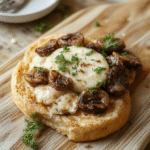 Zart goldbraun geröstete Toasts belegt mit geschmolzenem Käse, gegrillten Champignons und Knoblauch, angerichtet auf einem rustikalen Holztisch mit leichter Petersilie.