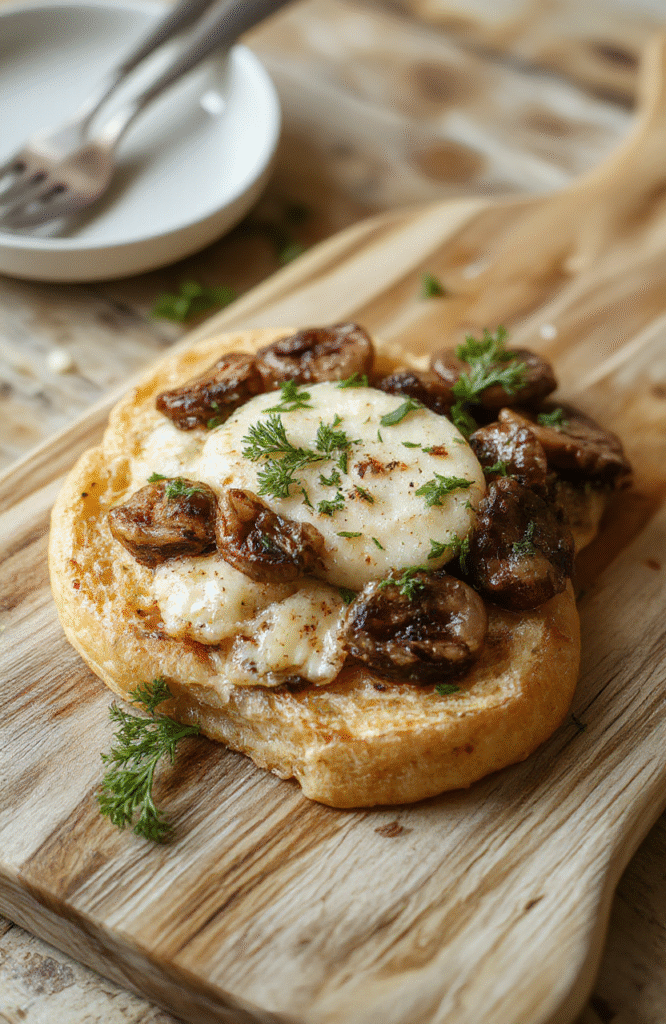 Zart goldbraun geröstete Toasts belegt mit geschmolzenem Käse, gegrillten Champignons und Knoblauch, angerichtet auf einem rustikalen Holztisch mit leichter Petersilie.