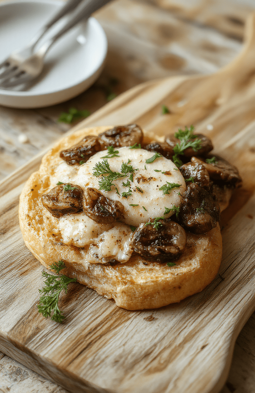 Zart goldbraun geröstete Toasts belegt mit geschmolzenem Käse, gegrillten Champignons und Knoblauch, angerichtet auf einem rustikalen Holztisch mit leichter Petersilie.