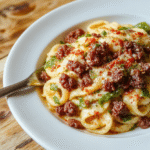 Nahaufnahme von Käse-Lauch Pasta mit Hackfleisch: breite Nudeln in einer cremigen Sauce, Hackfleischstücke, grüne Lauchringe und großzügig geriebener Käse obendrauf. Die Nudeln liegen auf einer hellen Holzoberfläche, mit sanften Schatten, warme Farben, Textur von Käse und Sauce deutlich sichtbar.