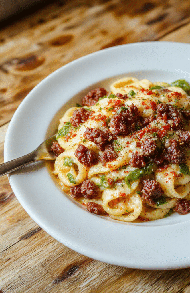 Nahaufnahme von Käse-Lauch Pasta mit Hackfleisch: breite Nudeln in einer cremigen Sauce, Hackfleischstücke, grüne Lauchringe und großzügig geriebener Käse obendrauf. Die Nudeln liegen auf einer hellen Holzoberfläche, mit sanften Schatten, warme Farben, Textur von Käse und Sauce deutlich sichtbar.