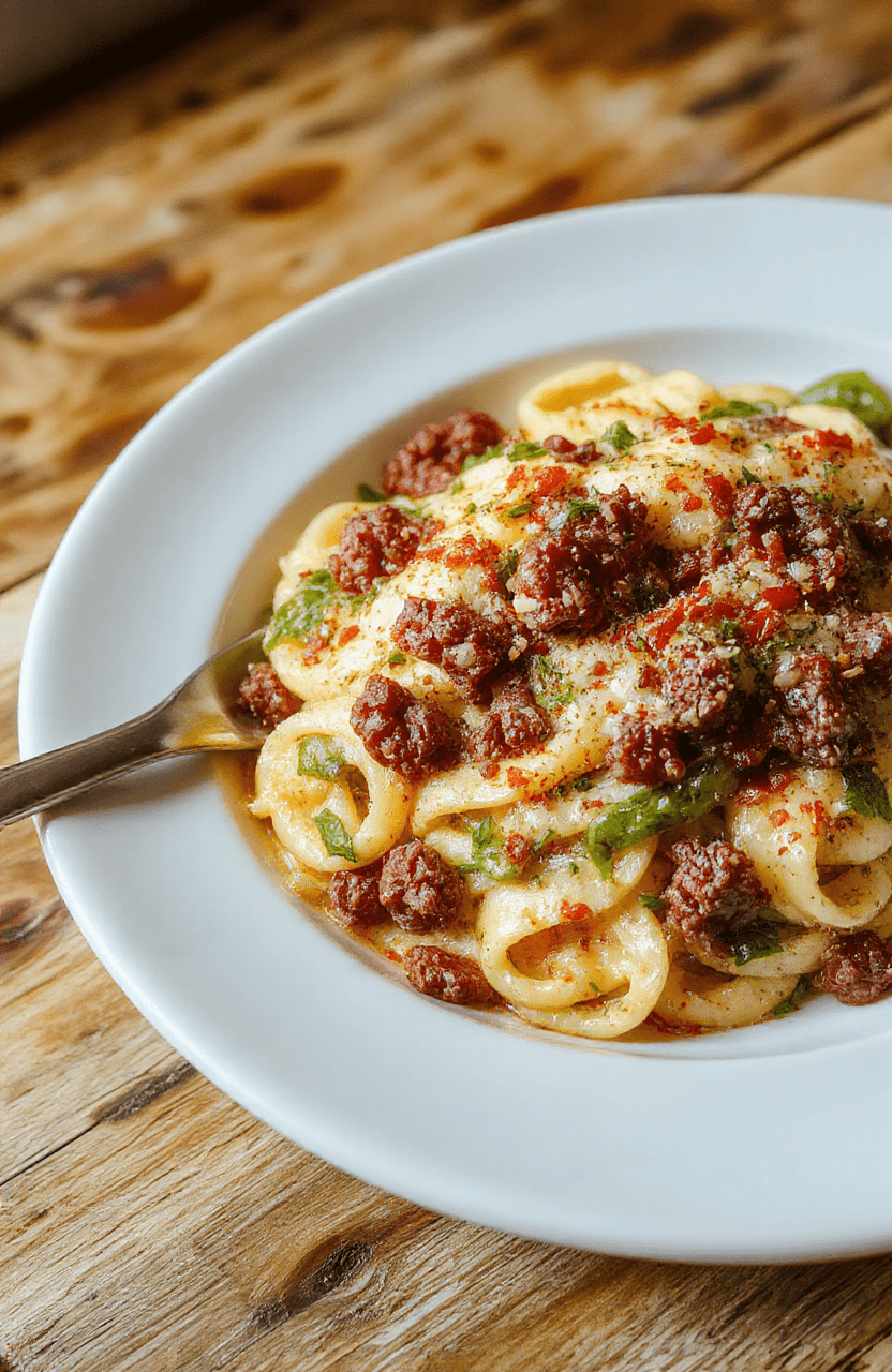Nahaufnahme von Käse-Lauch Pasta mit Hackfleisch: breite Nudeln in einer cremigen Sauce, Hackfleischstücke, grüne Lauchringe und großzügig geriebener Käse obendrauf. Die Nudeln liegen auf einer hellen Holzoberfläche, mit sanften Schatten, warme Farben, Textur von Käse und Sauce deutlich sichtbar.