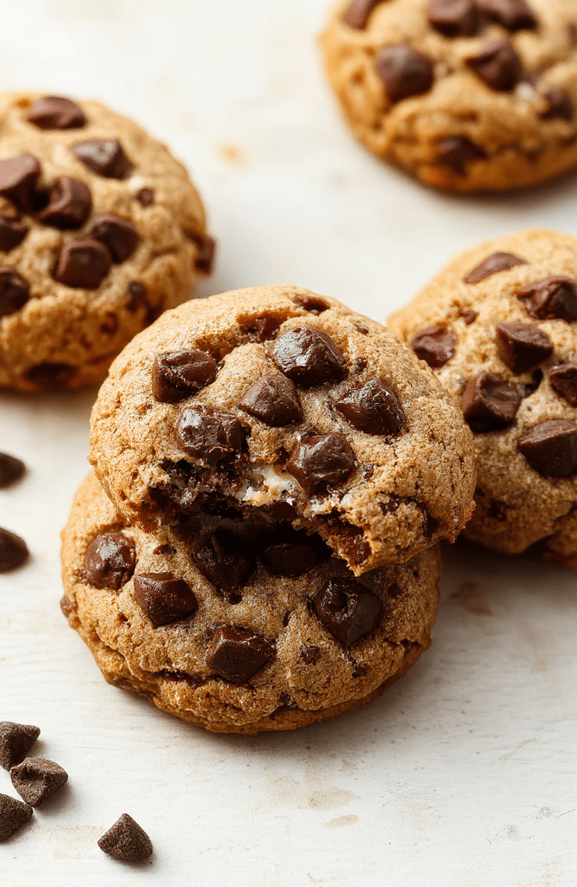 Mehrere goldbraune Käsekuchengefüllte Schoko-Cookies mit sichtbarer cremiger Käsefüllung und Schokoladenstückchen, arrangiert auf einem hellen Holzbrett, warmes Licht, realistischer, appetitlicher Eindruck.