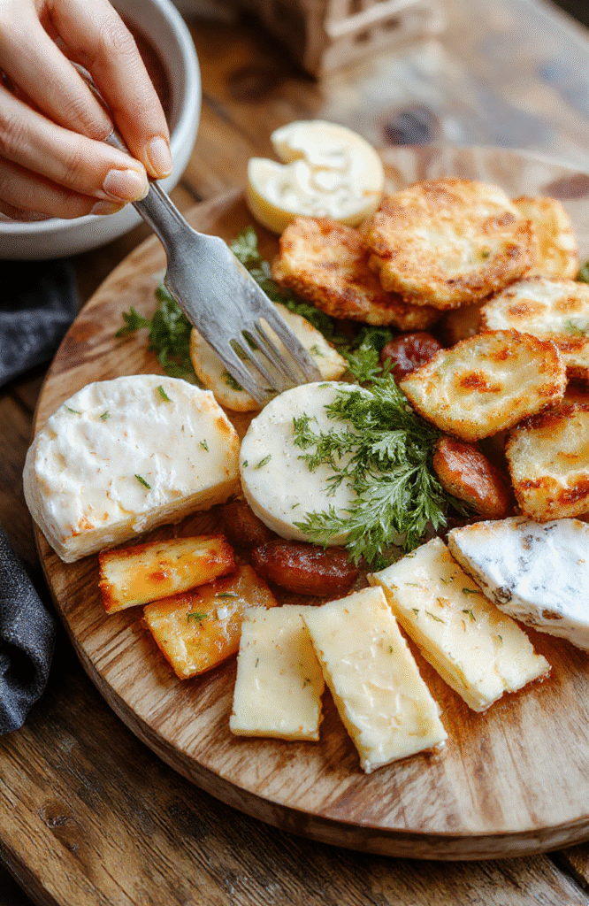 Bunte Käseplatte auf heller Holzplatte, garniert mit Trauben, Feigen, Nüssen, Brotstücken und Honig. Käseblöcke kunstvoll angeordnet, helle Beleuchtung, Nahaufnahme, natürlicher Look.