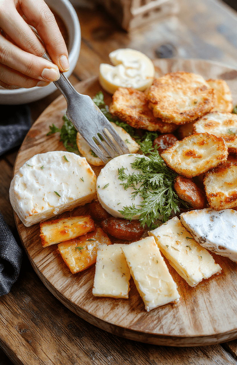 Bunte Käseplatte auf heller Holzplatte, garniert mit Trauben, Feigen, Nüssen, Brotstücken und Honig. Käseblöcke kunstvoll angeordnet, helle Beleuchtung, Nahaufnahme, natürlicher Look.
