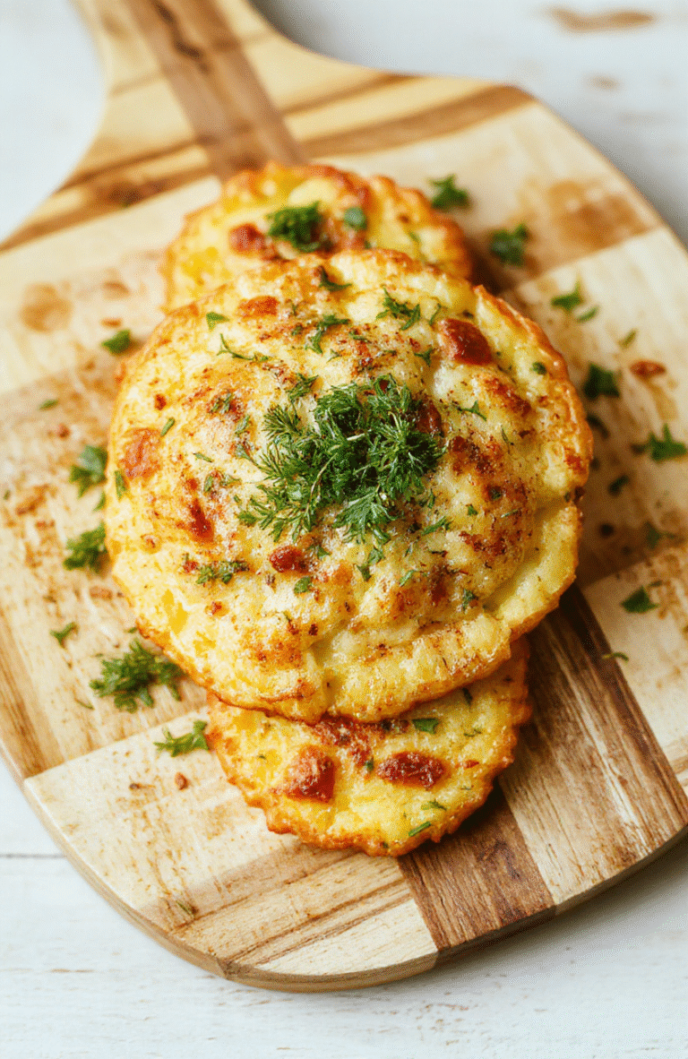 Nahaufnahme zweier goldbrauner Kartoffel-Feta-Puffer auf einem rustikalen Holzteller, außen knusprig, innen weich mit sichtbar zerbröseltem Feta, einfache Garnitur, freundliche Tageslichtstimmung