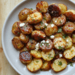 Knusprige Ofenkartoffeln mit Feta, Knoblauch und Petersilie, auf einem hellen Holzteller serviert; goldbraune Ränder, cremiger Käse, rustikale Textur