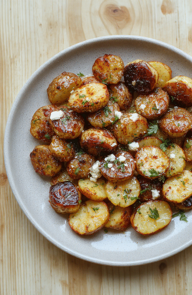 Knusprige Ofenkartoffeln mit Feta, Knoblauch und Petersilie, auf einem hellen Holzteller serviert; goldbraune Ränder, cremiger Käse, rustikale Textur