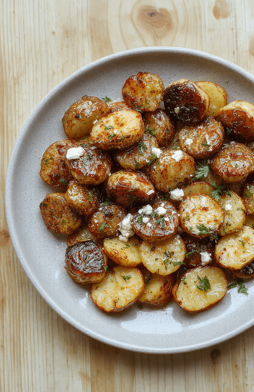 Knusprige Ofenkartoffeln mit Feta, Knoblauch und Petersilie, auf einem hellen Holzteller serviert; goldbraune Ränder, cremiger Käse, rustikale Textur