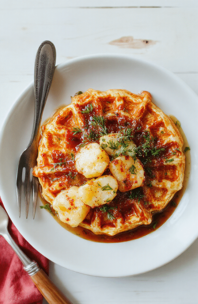 Goldbraun knusprige Kartoffelwaffeln lagen auf einem weißen Teller, außen knusprig, innen locker, serviert mit einem Klecks Sauerrahm und feinen Kräutern.