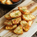 Knusprige Kartoffelspalten mit Parmesan und Knoblauch auf heller Holzplatte, goldbraun gebacken, bestreut mit Käse und Kräutern.