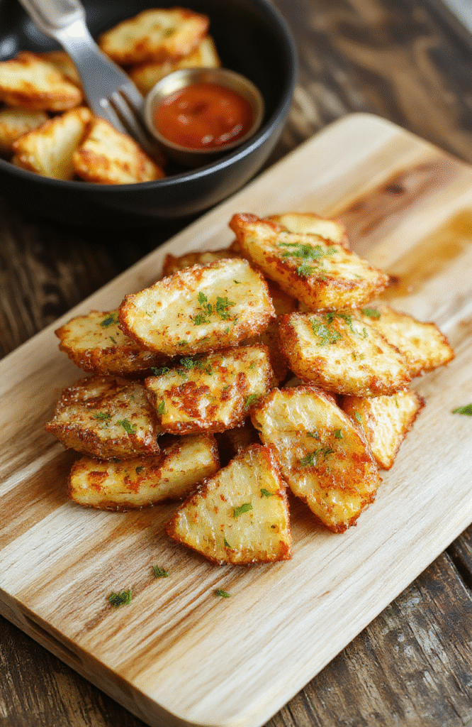 Knusprige Kartoffelspalten mit Parmesan und Knoblauch auf heller Holzplatte, goldbraun gebacken, bestreut mit Käse und Kräutern.