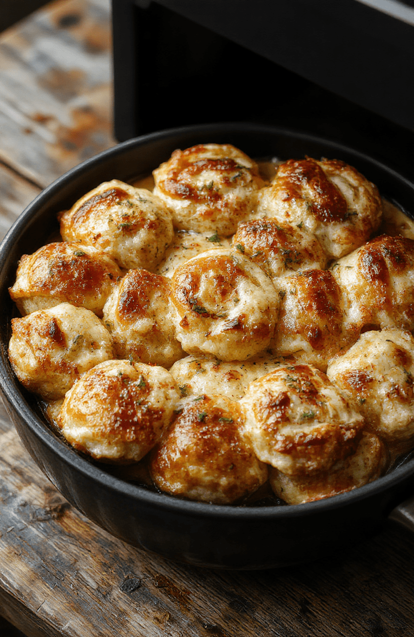 Goldbraune, knusprige Pizzarollen aus der Heißluftfritteuse auf einem weißen Teller, flüssiger Käse an den Rändern, Tomatensoße sichtbar, daneben frische Basilikumblätter, helle natürliche Beleuchtung, Nahaufnahme.