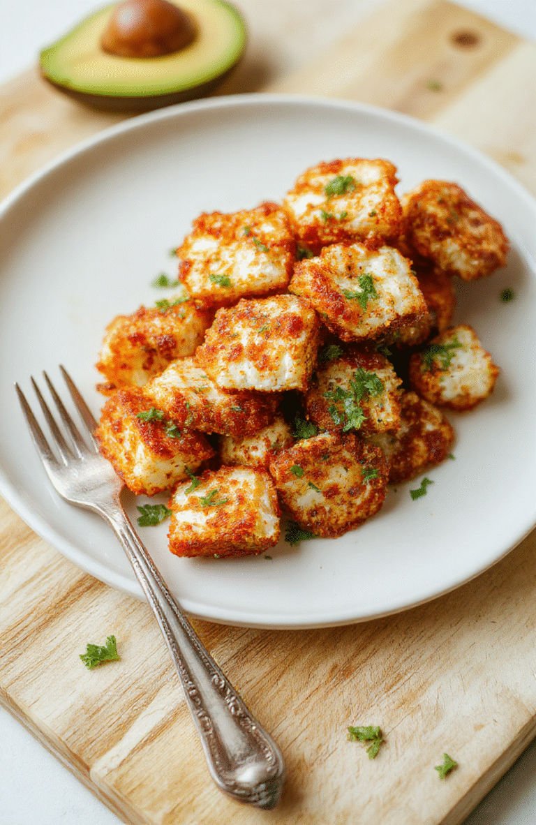 Knusprige Feta-Würfel mit goldbrauner Kruste auf hellem Holztisch, daneben Olivenöl und Oregano, unscharfer Hintergrund, appetitliches, cremiges Inneres sichtbar.