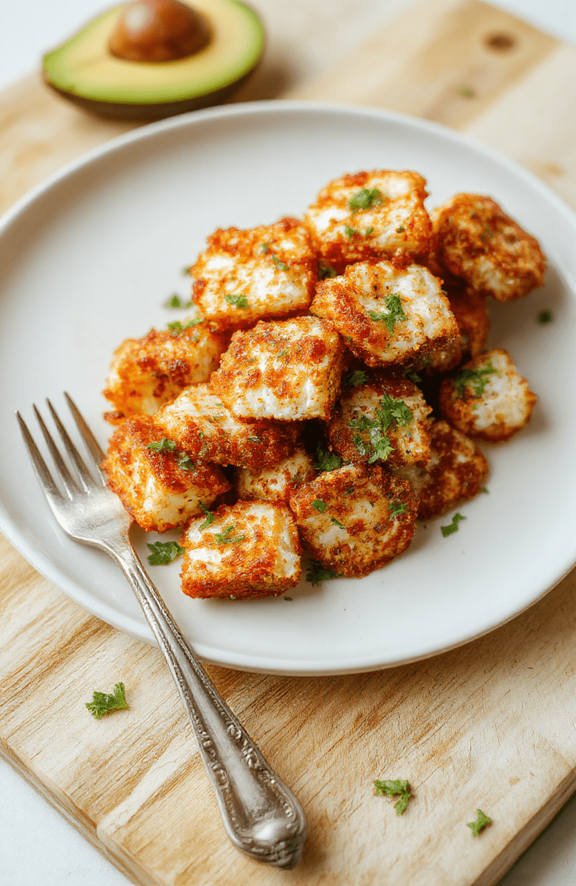 Knusprige Feta-Würfel mit goldbrauner Kruste auf hellem Holztisch, daneben Olivenöl und Oregano, unscharfer Hintergrund, appetitliches, cremiges Inneres sichtbar.