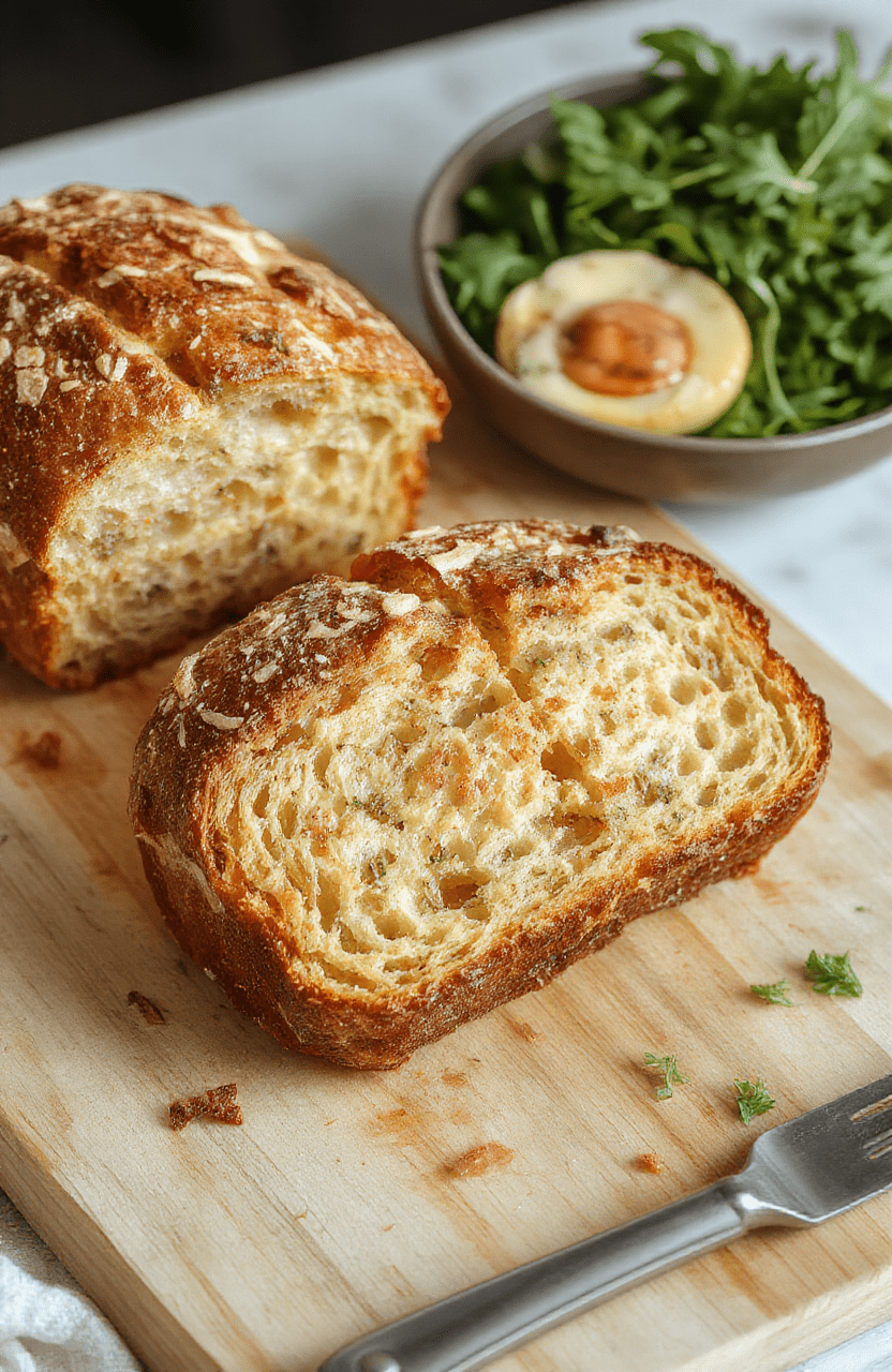 Ein goldbraun gebackenes Brotlaib, in Scheiben geschnitten, liegt auf einem hellen Holztisch. Die Kruste ist knusprig, die Krume weich und luftdurchzogen. Nahaufnahme, natürliche Beleuchtung, einfache, rustikale Präsentation.