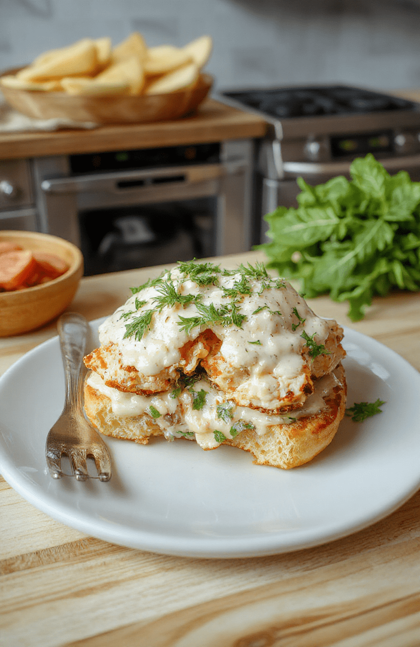 Nahaufnahme eines knusprig gebratenen Hähnchenbrustfilets in einem Caesar Sandwich, mit romaine Salat, Parmesan und cremiger Caesar-Dressing, auf einem hellen Holzbrett serviert.
