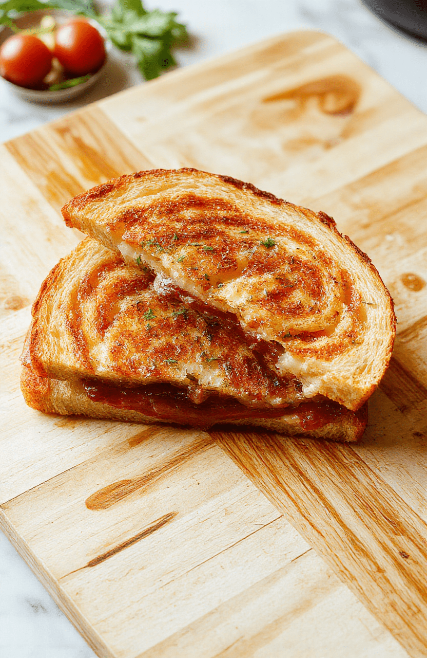 Toast-Sandwich mit Ei, Käse und Salami auf einem hellen Holzbrett, goldbraun getoastet, Käse geschmolzen, Ei sichtbar, natürliche Beleuchtung, unkompliziertes Frühstück