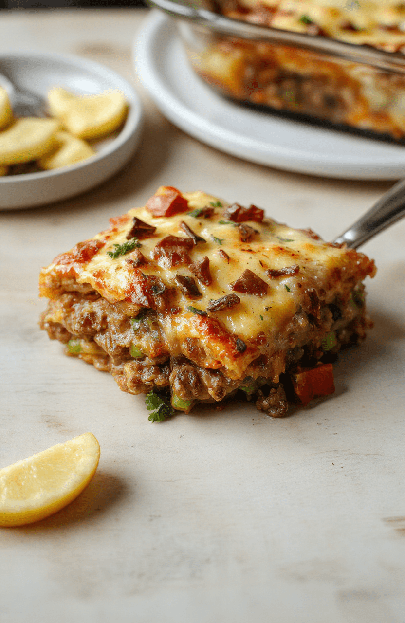Ein goldbrauner Cheeseburger-Auflauf aus dem Ofen, geschichtet mit Hackfleisch, schmelzendem Käse und einer cremigen Ei-Sahne-Mischung. Die Auflaufform steht auf einer warmen Holzplatte, der Anblick wirkt heimelig und einladend.