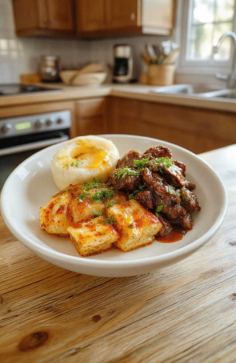 Ein Teller mit gebratenem Hähnchen, bunter Gemüsepfanne und cremiger Sauce, garniert mit frischen Kräutern. Der Teller steht auf einem hellen Holztisch, unscharfer Hintergrund, Fokus auf dem Gericht.