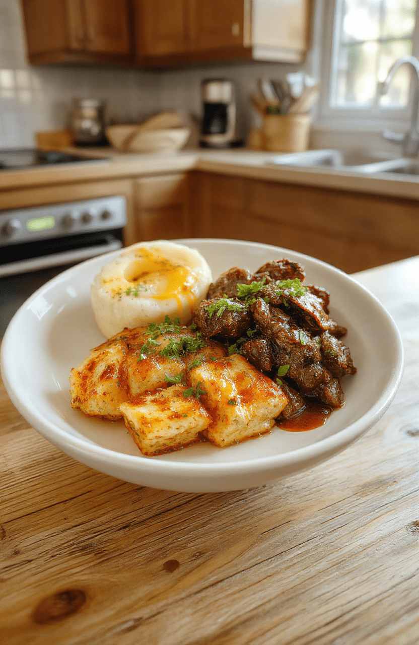Ein Teller mit gebratenem Hähnchen, bunter Gemüsepfanne und cremiger Sauce, garniert mit frischen Kräutern. Der Teller steht auf einem hellen Holztisch, unscharfer Hintergrund, Fokus auf dem Gericht.