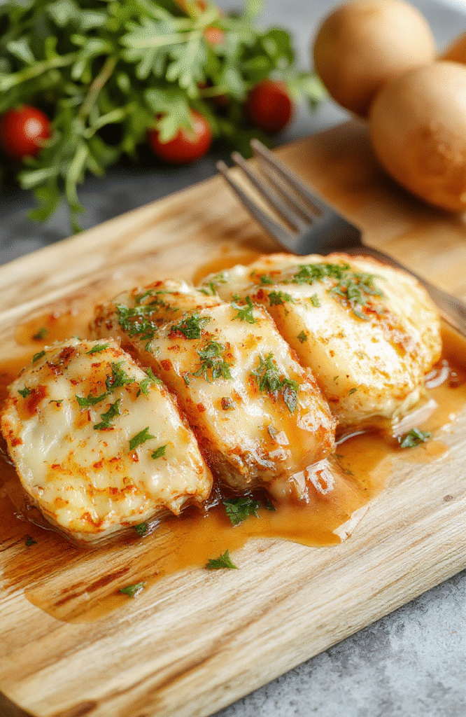 Ein goldbraun gebackenes Fladenbrot, aufgeschnitten, mit zerlaufenem Schafskäse, Tomatenwürfel, Olivenöl und Knoblauch. Das Brot wirkt knusprig, die Feta-Schicht schmilzt leicht, darüber fein gehackte Petersilie. Der Teller sitzt auf einem rustikalen Holztisch, warme Farbtemperatur.