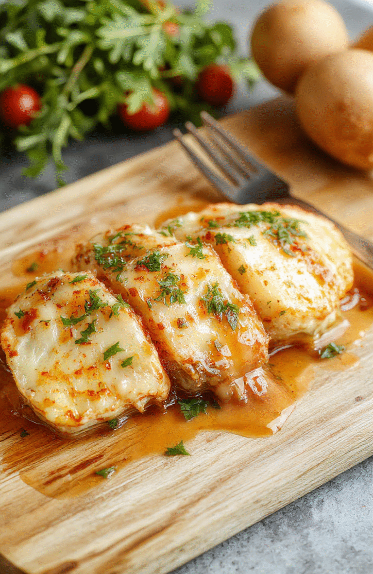 Ein goldbraun gebackenes Fladenbrot, aufgeschnitten, mit zerlaufenem Schafskäse, Tomatenwürfel, Olivenöl und Knoblauch. Das Brot wirkt knusprig, die Feta-Schicht schmilzt leicht, darüber fein gehackte Petersilie. Der Teller sitzt auf einem rustikalen Holztisch, warme Farbtemperatur.