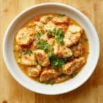 Cremiges Hähnchen Stroganoff mit Pilzen, zarten Hähnchenstreifen in einer samtigen Sauce auf weißem Teller. Serviert auf heller Holzoberfläche, mit Petersilie bestreut, appetitlich glänzend.