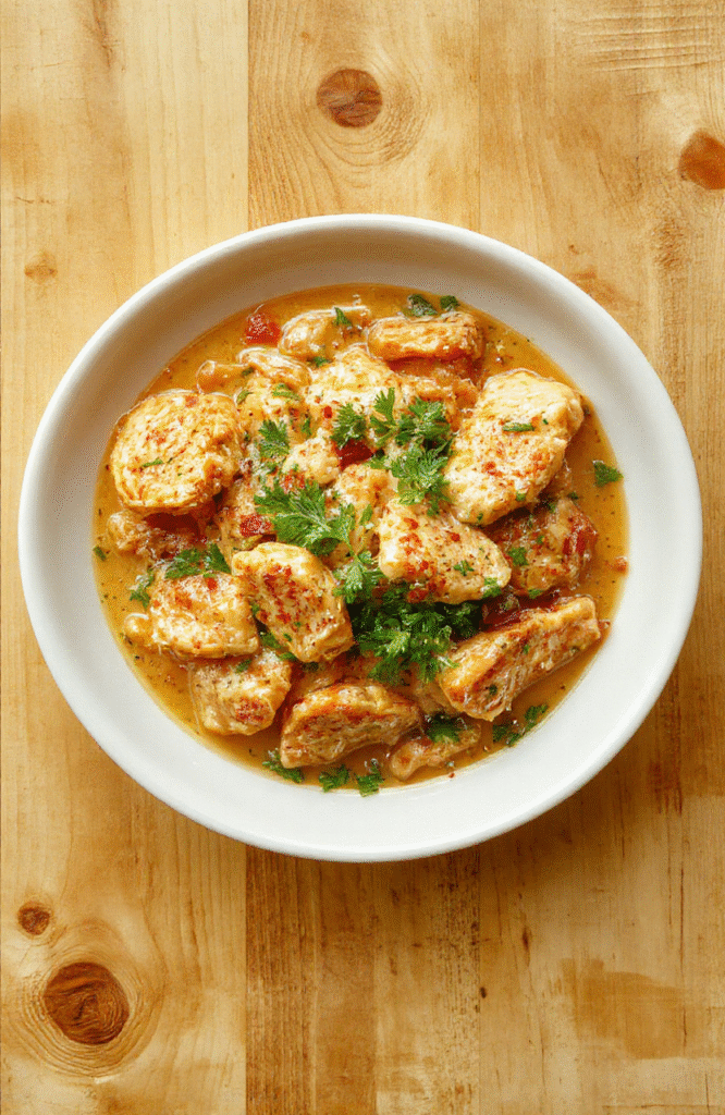 Cremiges Hähnchen Stroganoff mit Pilzen, zarten Hähnchenstreifen in einer samtigen Sauce auf weißem Teller. Serviert auf heller Holzoberfläche, mit Petersilie bestreut, appetitlich glänzend.