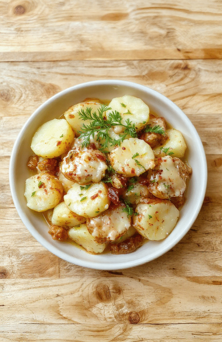 Nahaufnahme cremiger Knoblauchkartoffeln auf einem weißen Teller, cremige Sauce umhüllt festkochende Kartoffelwürfel, garniert mit Petersilie, helles Holzuntergrund und weiche Schatten.