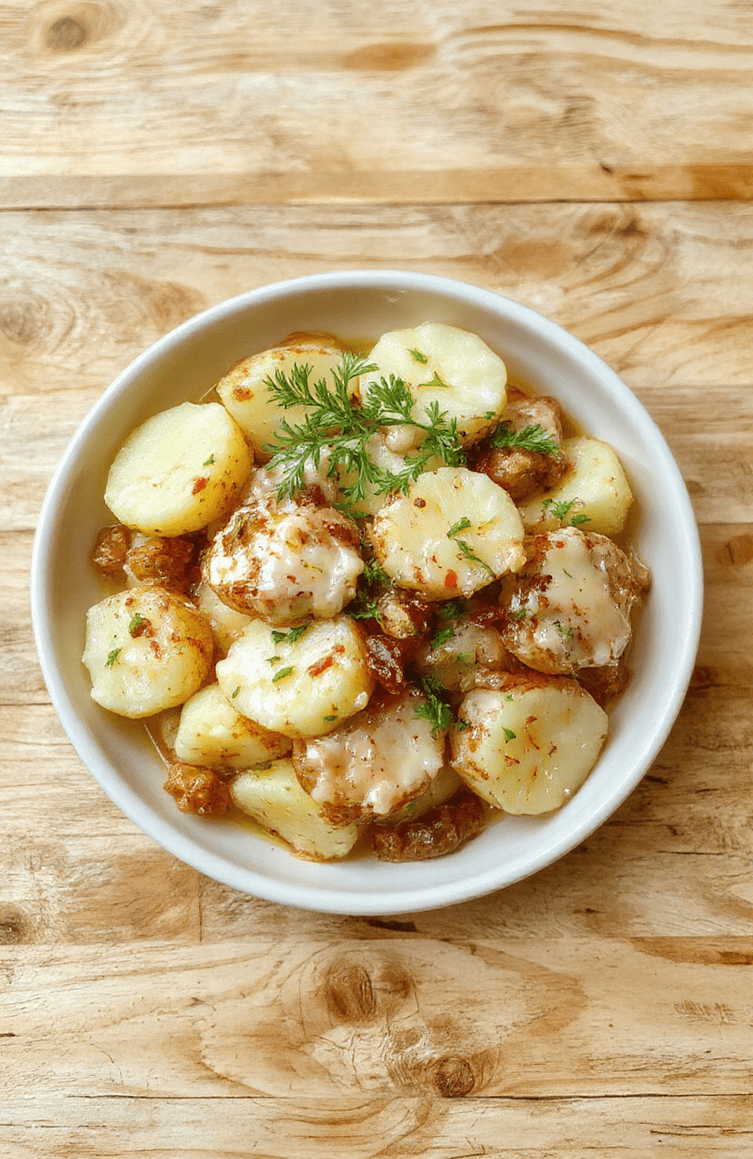 Nahaufnahme cremiger Knoblauchkartoffeln auf einem weißen Teller, cremige Sauce umhüllt festkochende Kartoffelwürfel, garniert mit Petersilie, helles Holzuntergrund und weiche Schatten.