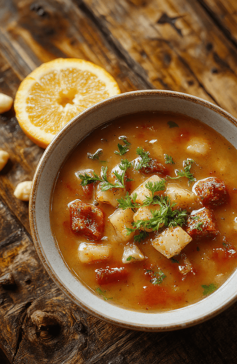 Eine goldgelbe Kurkuma-Hühnersuppe in einem tiefen weißen Teller, garniert mit frischer Petersilie. Sichtbar sind zarte Hühnerstücke, Karotten- und Sellerie-Stücke, cremige Brühe und eine warme, rustikale Holzoberfläche. Sanfte Lichtschatten betonen die Textur, Hintergrund bleibt unscharf.