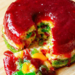 Ein dreischichtiger, farbenfroher Wackelpudding-Kuchen auf einem hellen Holzteller. Knuspriger Keksboden, bunte Jelly-Schichten in Rot, Gelb und Grün, garniert mit frischen Früchten, Nahaufnahme im natürlichen Tageslicht.