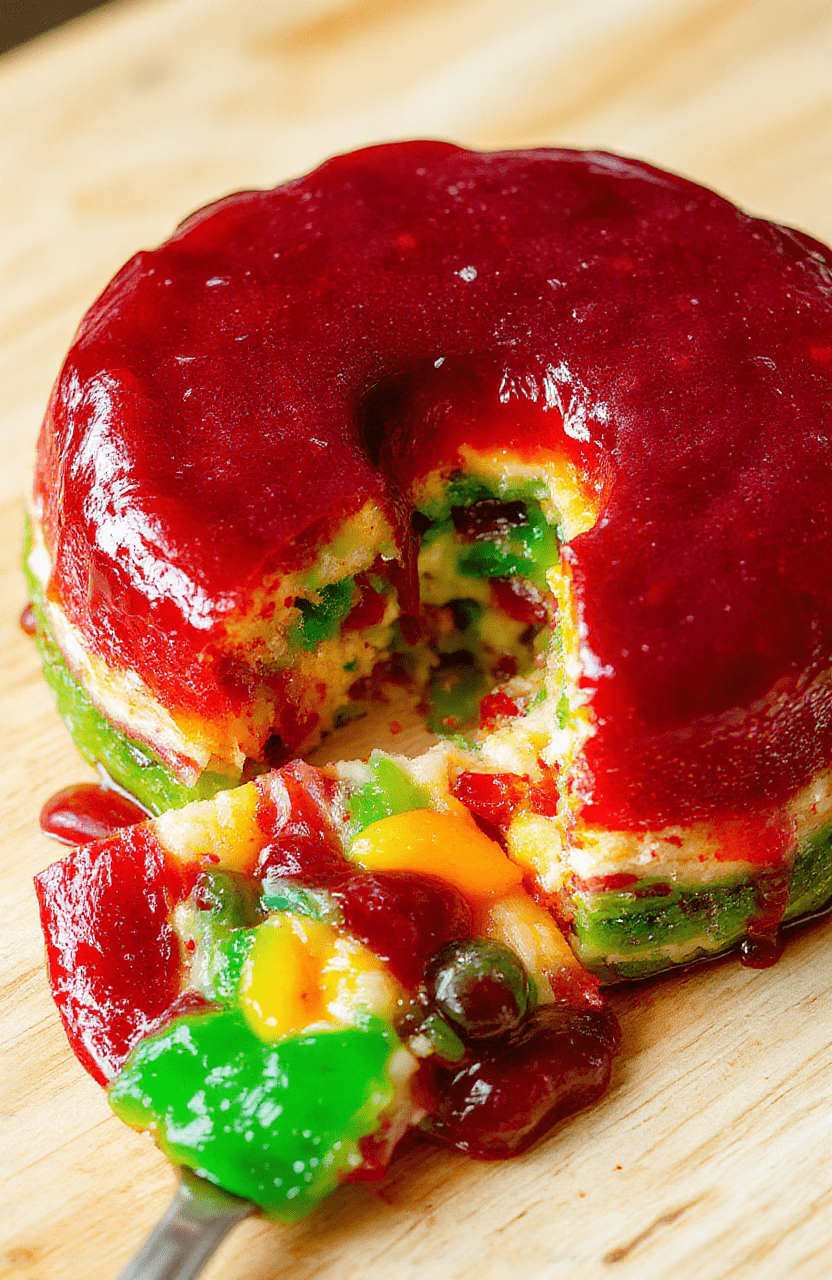 Ein dreischichtiger, farbenfroher Wackelpudding-Kuchen auf einem hellen Holzteller. Knuspriger Keksboden, bunte Jelly-Schichten in Rot, Gelb und Grün, garniert mit frischen Früchten, Nahaufnahme im natürlichen Tageslicht.