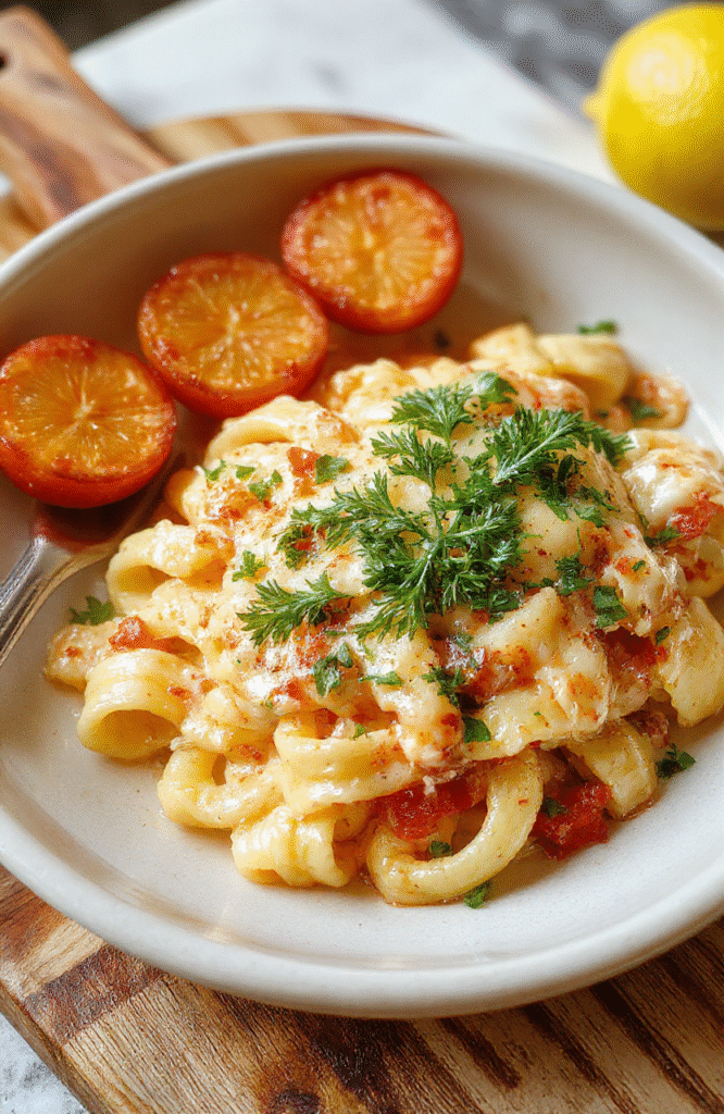 Eine cremige Zitronen-Feta-Pasta auf einem weißen Teller, bestreut mit zerbröseltem Feta, Zitronenzesten, grünen Spinatblättern und Petersilie, serviert auf einer hellen Oberfläche.
