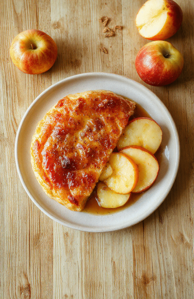 Goldbraune Milchreispuffer mit Apfelwürfeln auf einem weißen Teller, daneben karamellisierte Apfelstücke, Zimtstaub, weiche Innenseite, neutrale Küchenumgebung, rustikales Holzbrett im Hintergrund.