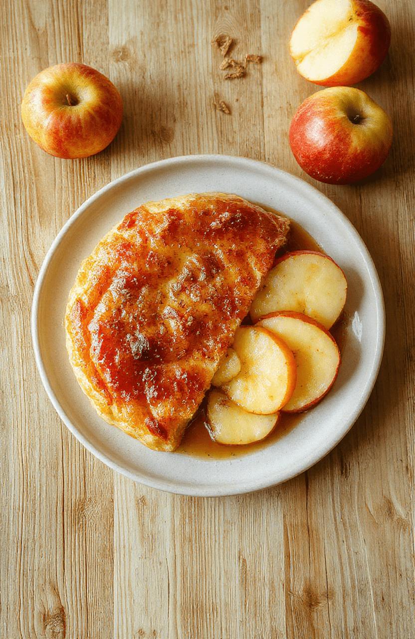 Goldbraune Milchreispuffer mit Apfelwürfeln auf einem weißen Teller, daneben karamellisierte Apfelstücke, Zimtstaub, weiche Innenseite, neutrale Küchenumgebung, rustikales Holzbrett im Hintergrund.