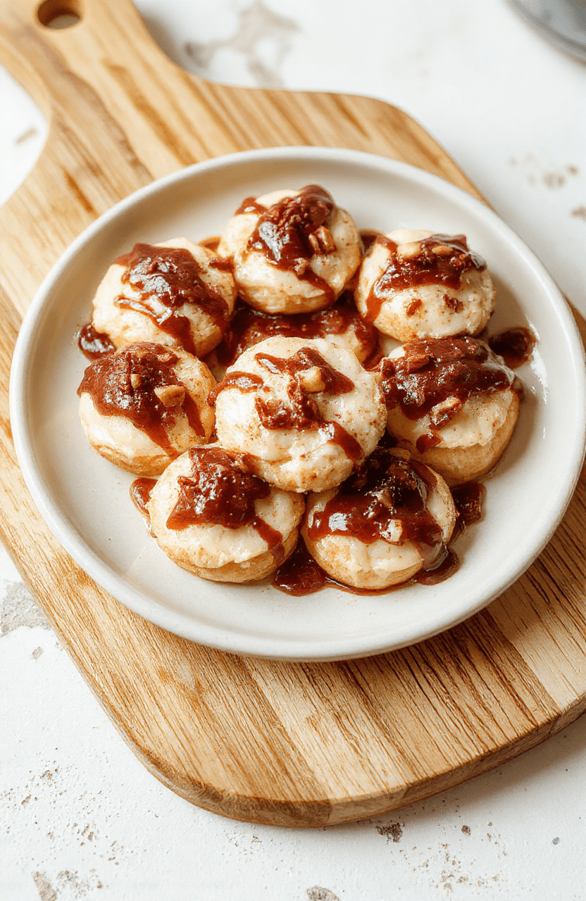 Zwei goldbraune Mozartplätzchen mit feiner Haselnuss-Nougat-Füllung, schokoladenüberzogen, auf einem hellen Holzbrett dekoriert, close-up, knusprige Textur, weiche Füllung sichtbar.