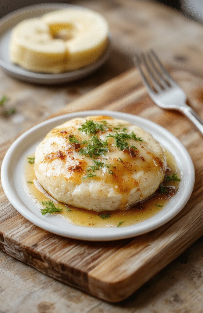Vier harte Eier bedeckt mit goldgelber cremiger Senfsoße, serviert auf einem weißen Teller mit gehackter Petersilie und Pfeffer, warme Beleuchtung, rustikaler Holztisch, appetitlich glänzend.