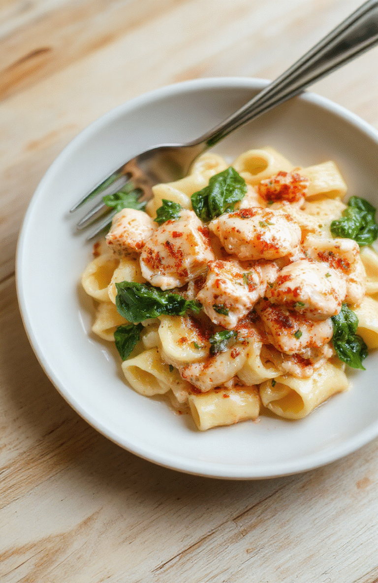 Ein Teller Penne in cremiger Lachs-Sahne-Sauce mit frischem Spinat, Garnitur und Pasta auf einem Teller in einer hellen Küche.
