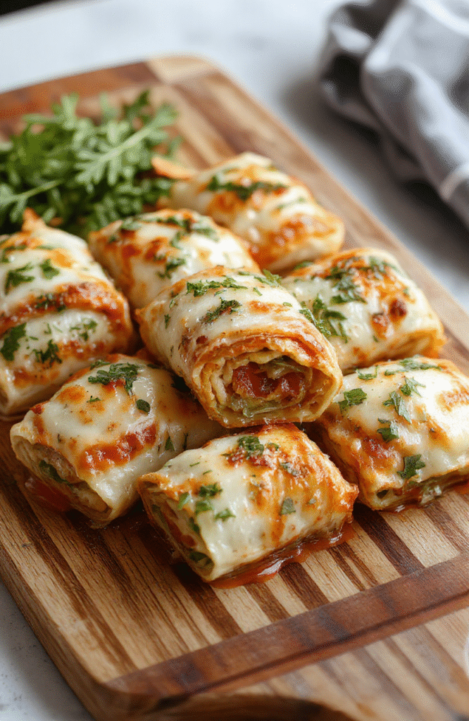 Auf dem Bild sind goldbraun gebackene vegetarische Pizzabrötchen mit Käse und Gemüse zu sehen, auf einem Holzbrett angerichtet. Nahaufnahme mit weichem, natürlichem Licht, geringe Schärfentiefe, knusprige Oberflächenstrukturen, einfache, einladende Präsentation.