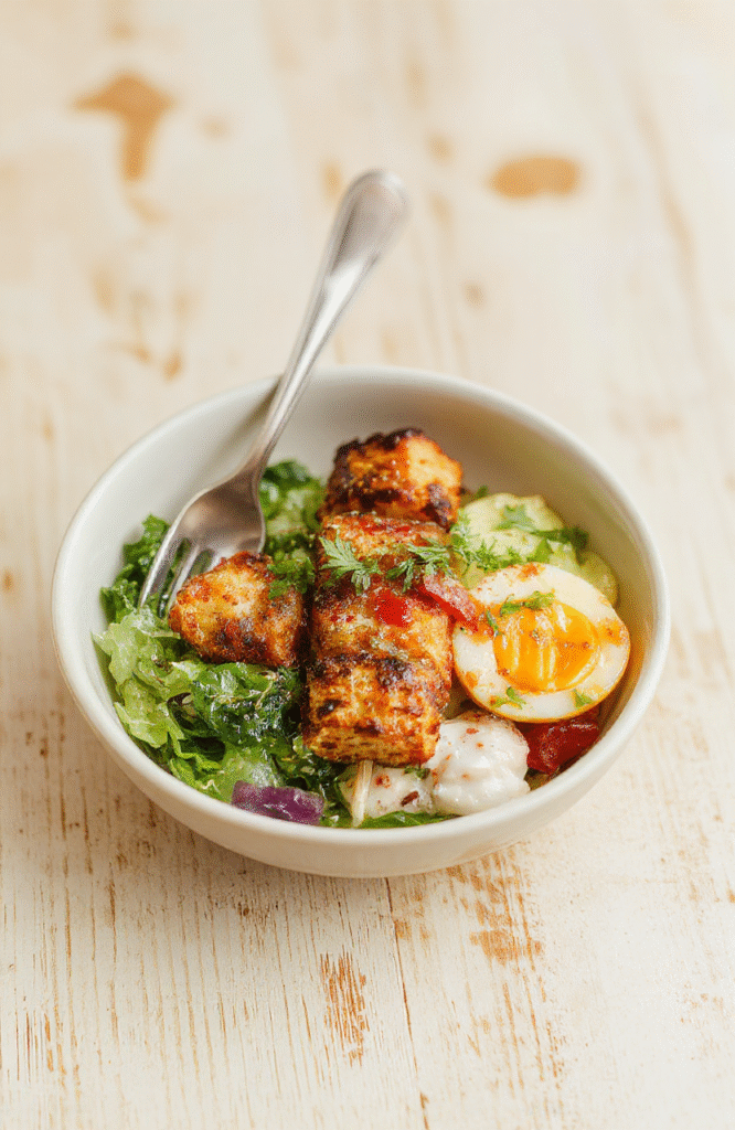 Nahaufnahme einer proteinreichen Kebap-Bowl auf einem weißen Teller. Hähnchenstreifen, Basmatireis, rote Paprika, Gurke und Tomaten harmonieren, garniert mit frischer Petersilie. Natürliche Lichtverhältnisse, klare Texturen, appetitlich angerichtet.