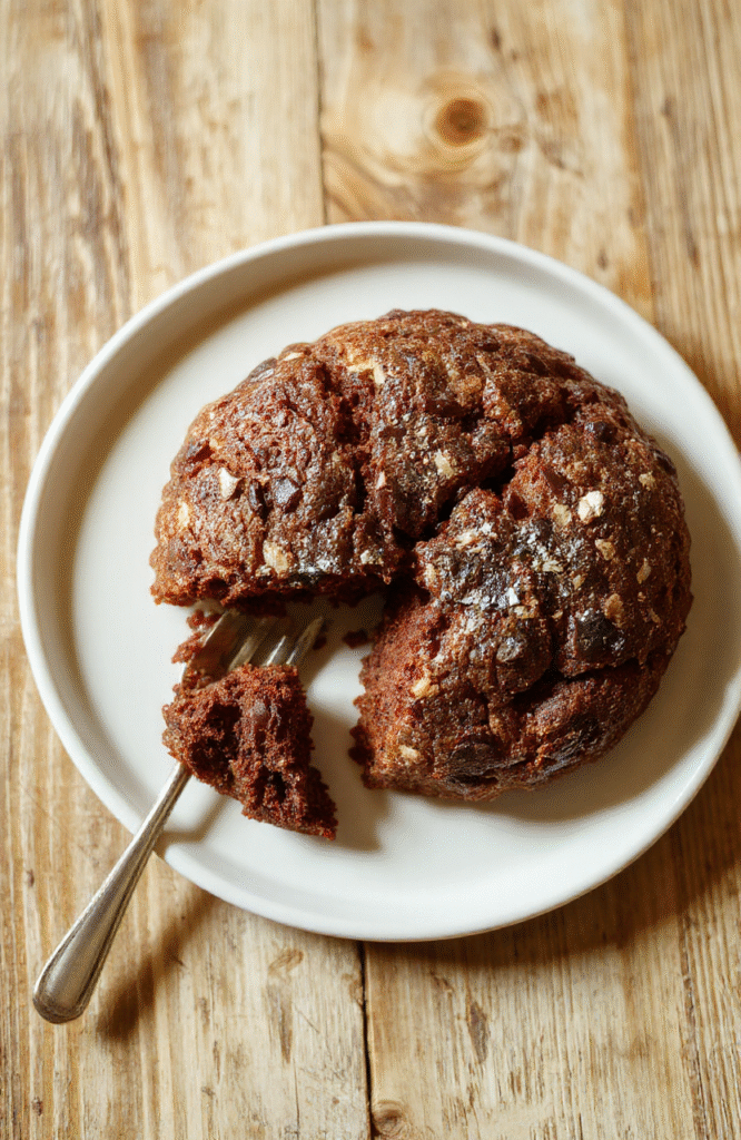 Nahaufnahme von drei proteinreichen Schoko-Brötchen auf hellem Holztisch, glänzende dunkle Schokoladenstücke, leichte Risse und eine fluffige Oberfläche, warme Braun- und Beigetöne, unscharfer Hintergrund, natürliches Licht.